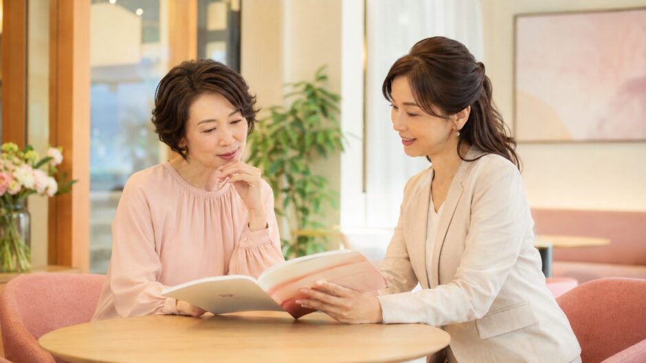 英会話教室の教材を見ながら相談する大人女性