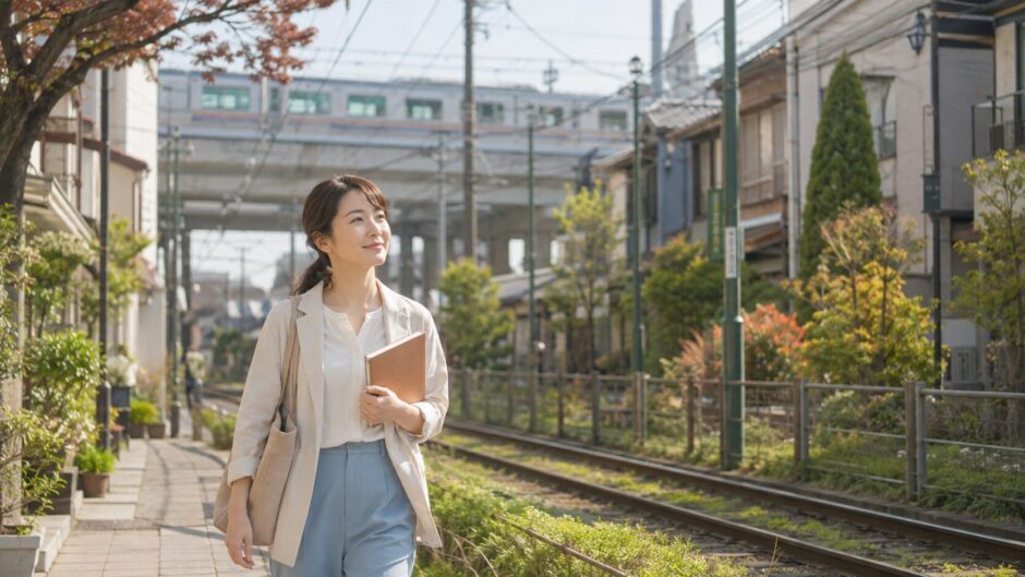 荒川区の街並みと路面電車沿いを歩き英会話教室を検討する大人女性