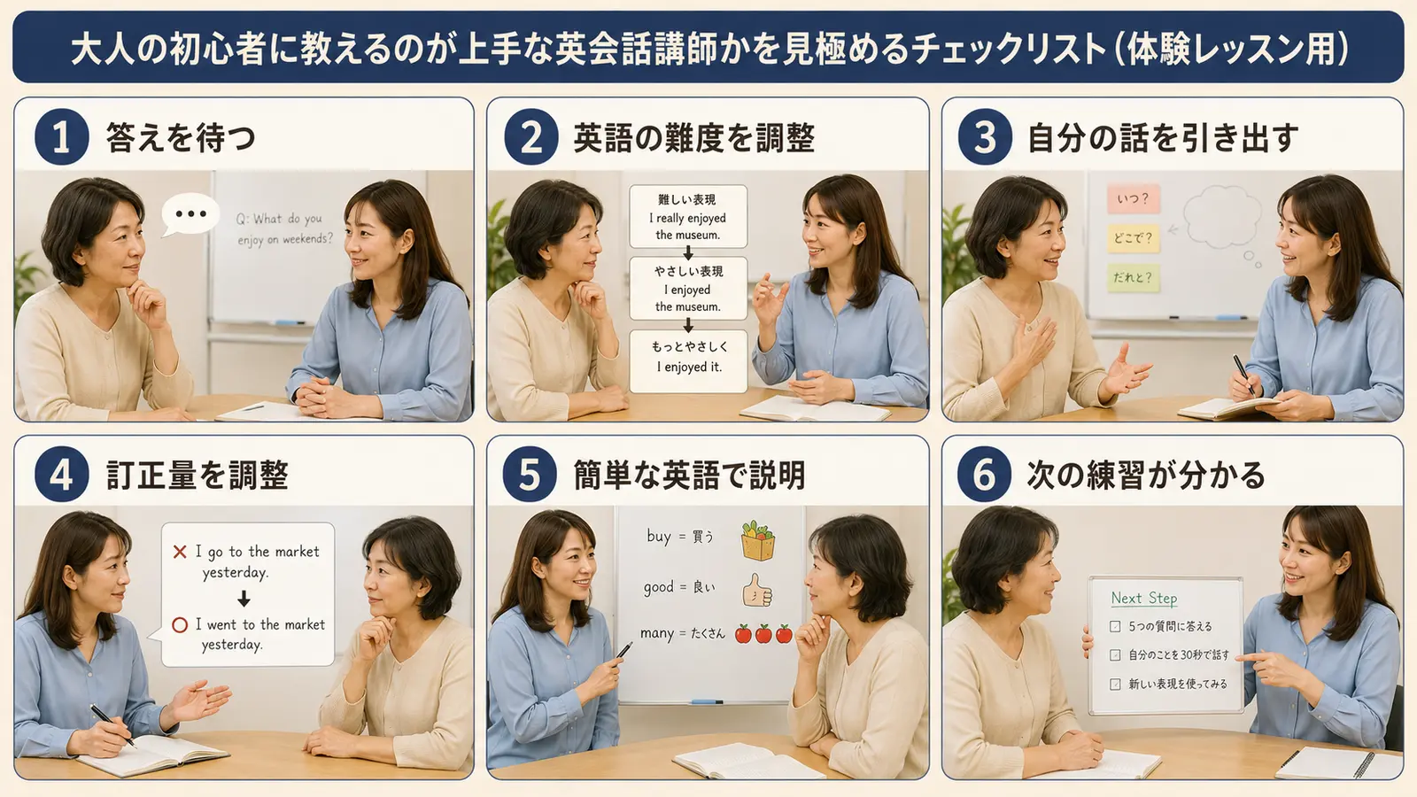 英会話教室の体験レッスンで初心者向け講師を見極める6つのポイント