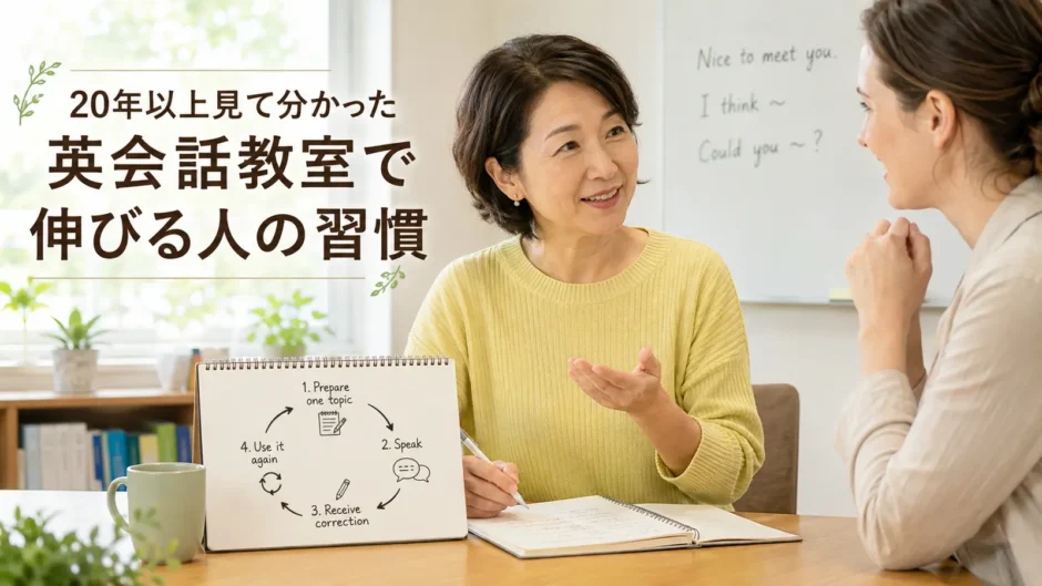 英会話教室で前回の表現を使いながら講師と話す大人女性