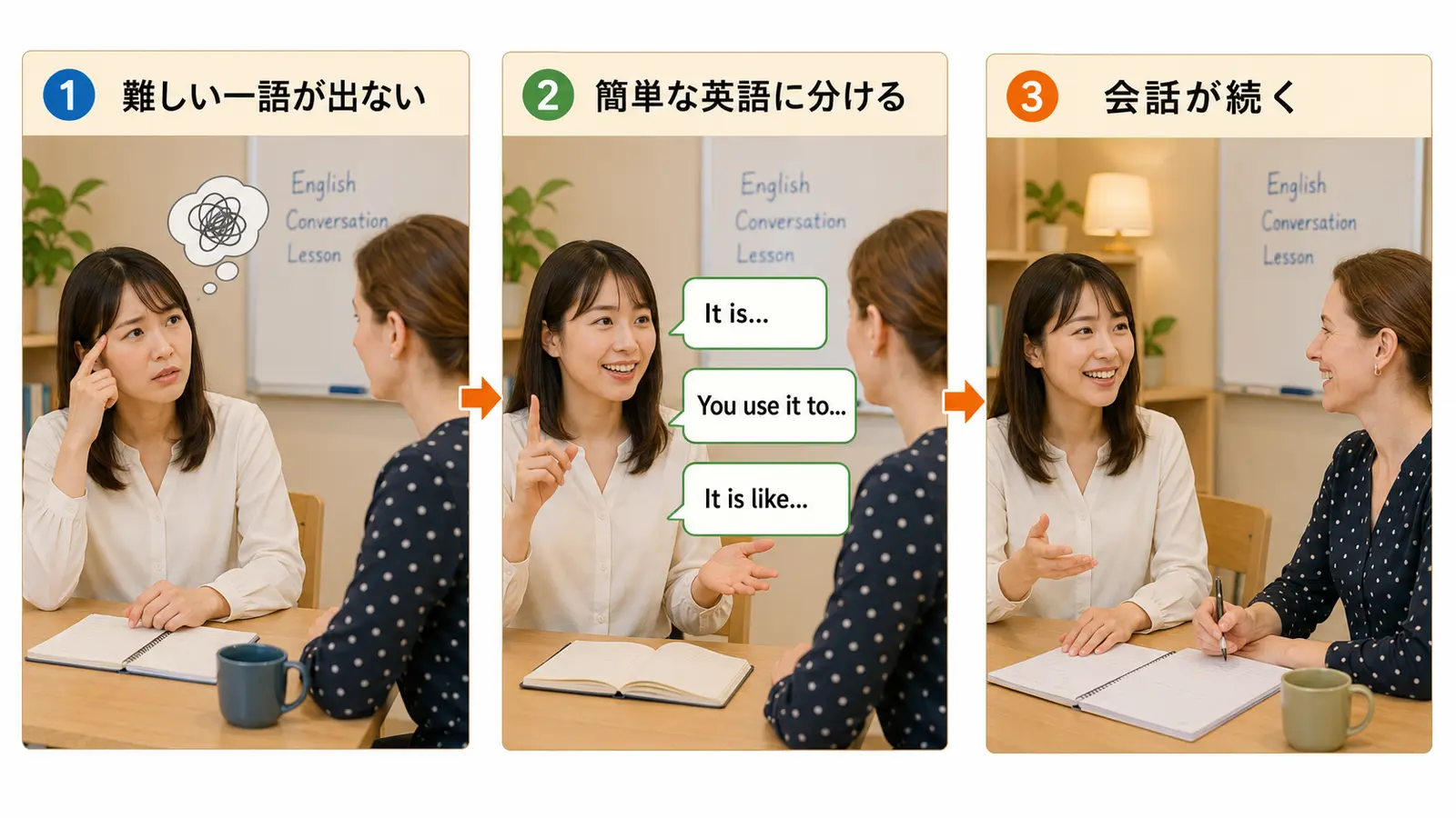 難しい一語を簡単な英語に分けて会話を続ける3ステップ