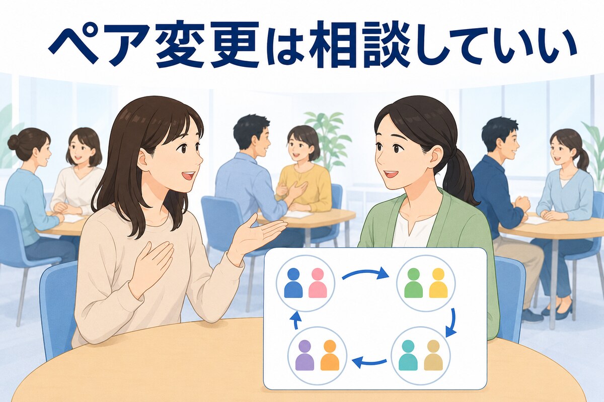 英会話教室でペアワークの組み合わせ変更を講師やスタッフへ相談する様子