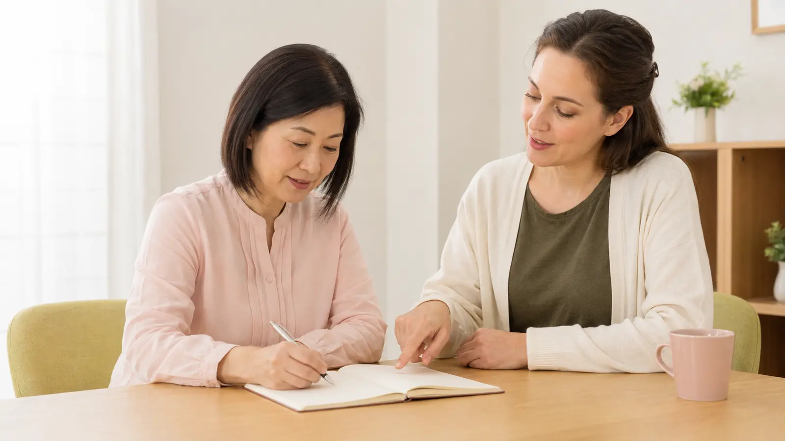 英会話講師に単語のスペルを確認しながらノートへ書く大人女性
