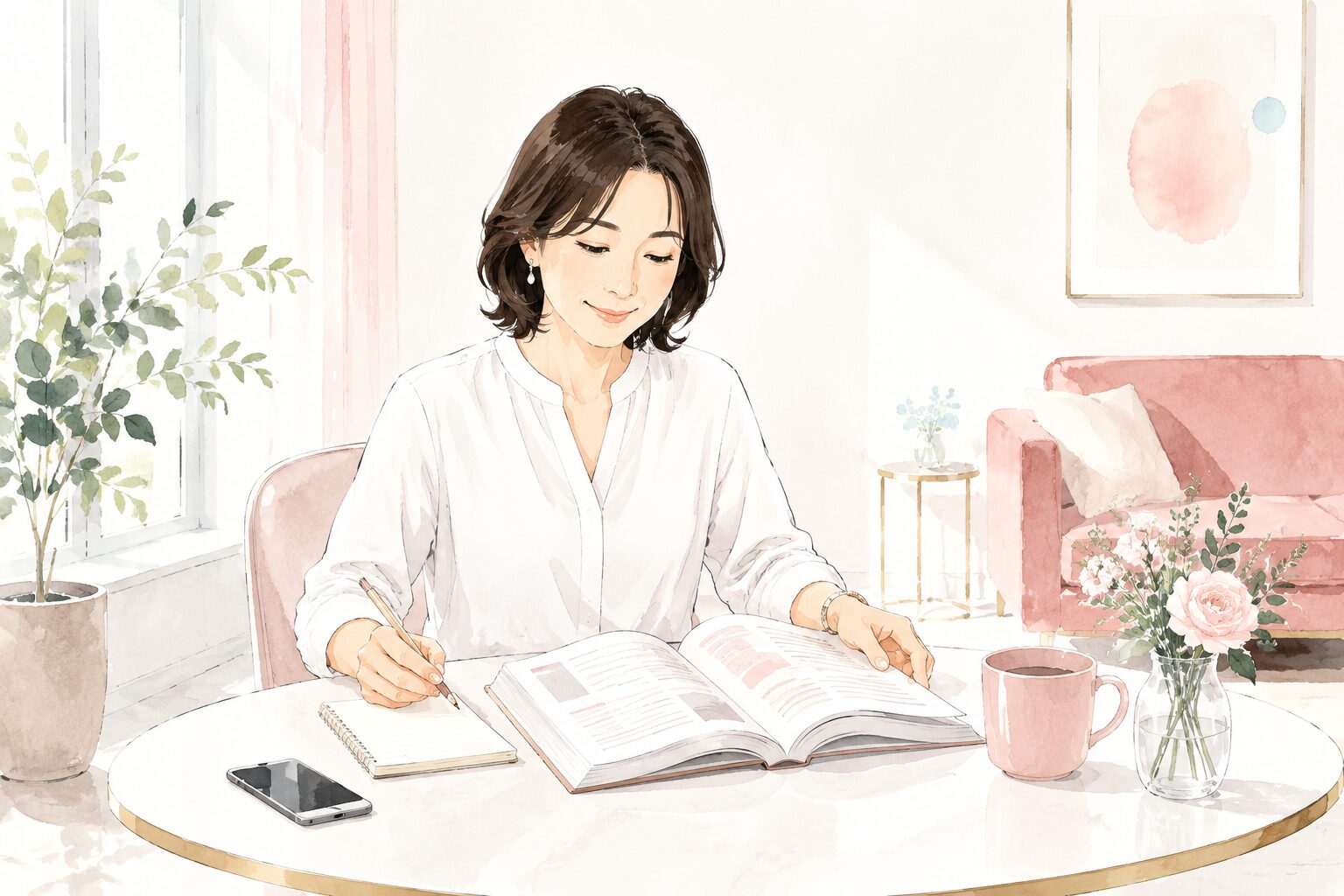 教材とノートを広げて英会話レッスンの準備をする女性