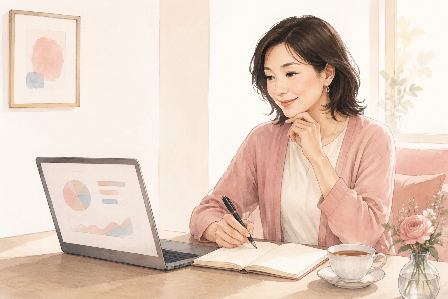 レッスンレコードを見ながら学んだ英語を復習する女性