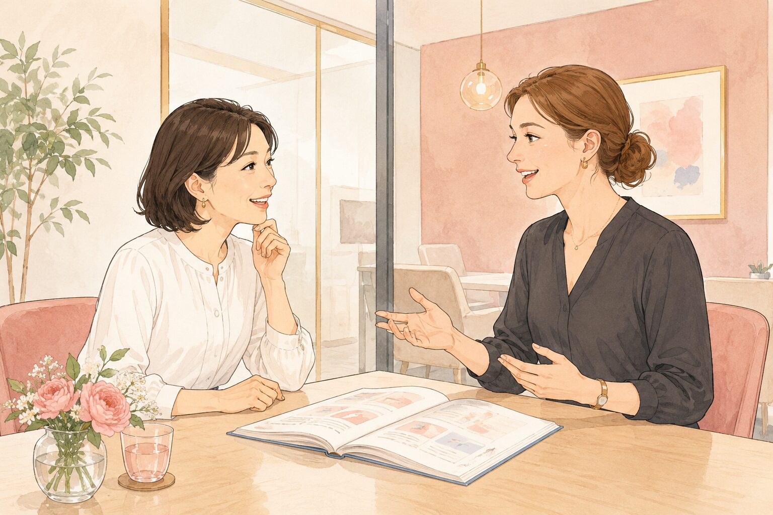 レッスンパートナーとマンツーマンで英会話を楽しむ女性