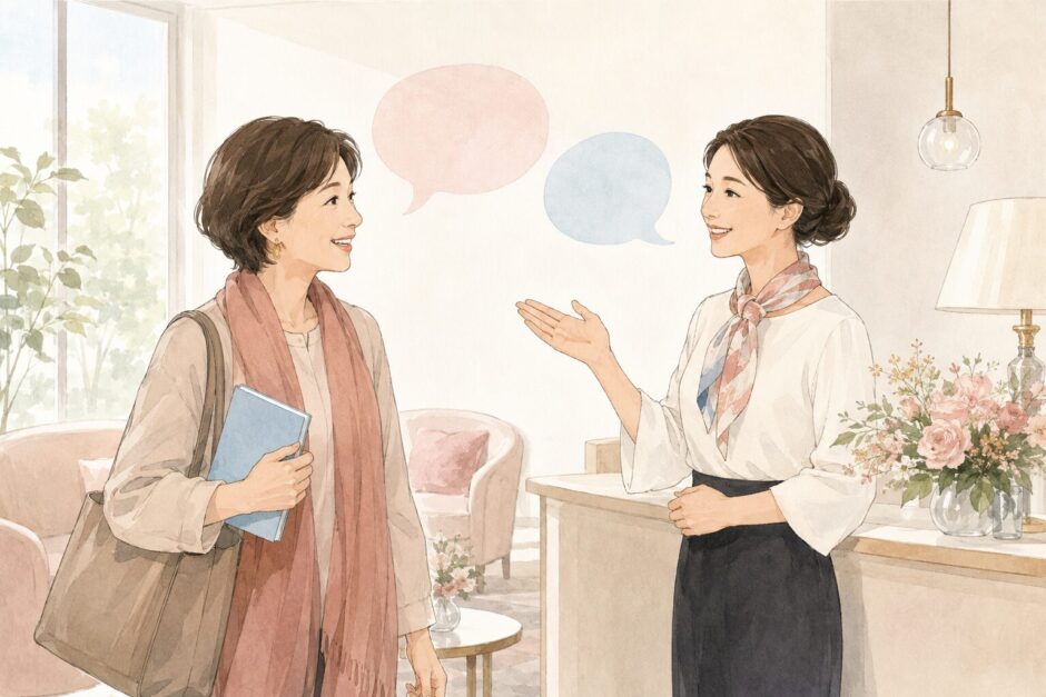 b わたしの英会話のスクールでコンシェルジュに迎えられる女性