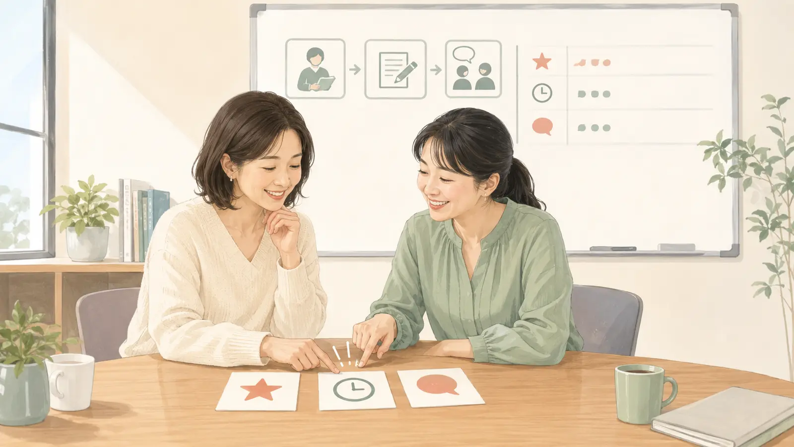英会話講師と生徒が宿題の優先順位と使える時間と次回の会話練習を相談する場面