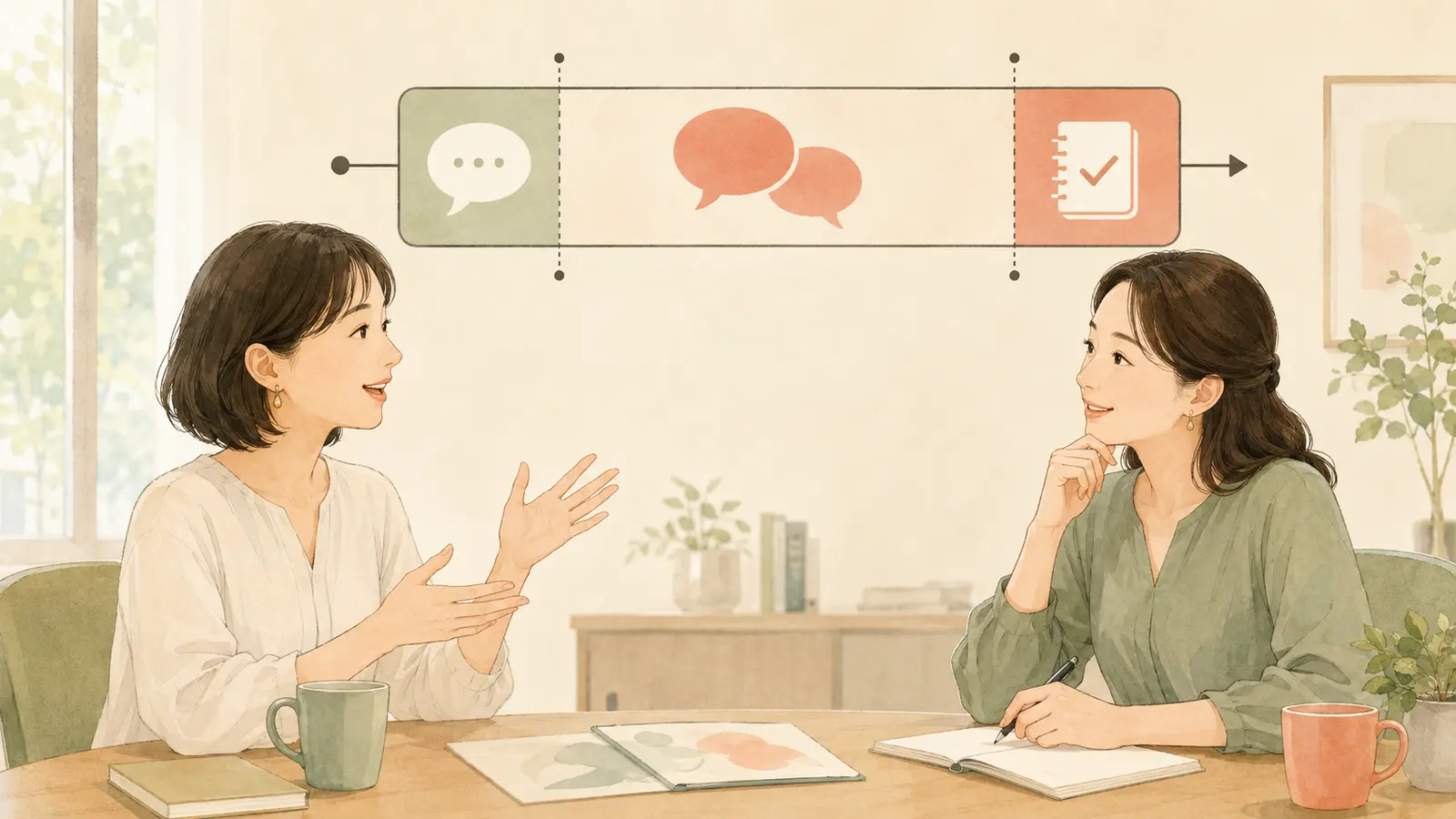 英会話レッスンを短い日本語確認と英語の会話練習と振り返りに分ける講師と生徒