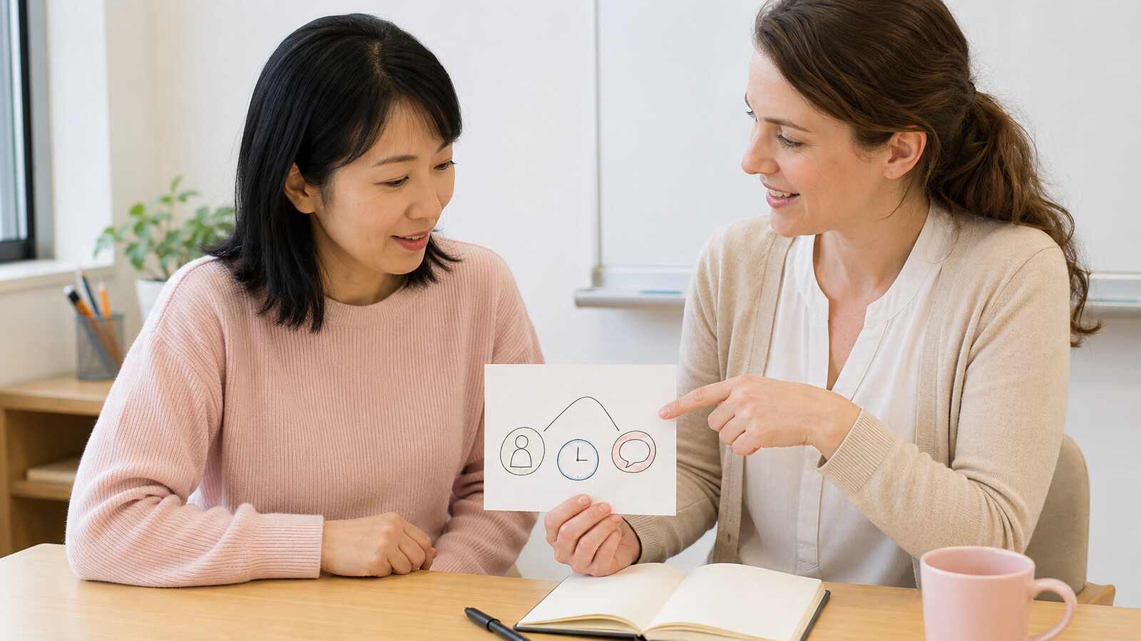 英会話講師と人物・時間・話題を整理して会話へ戻る場面