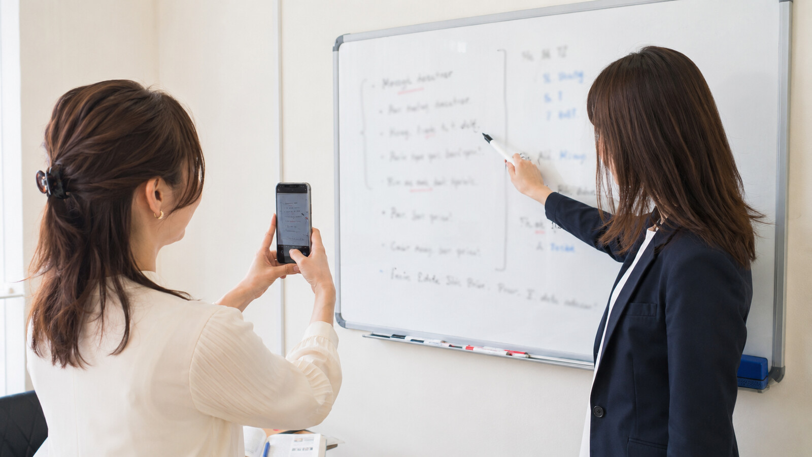 講師の許可を得て英会話レッスン後にホワイトボードを撮影する場面