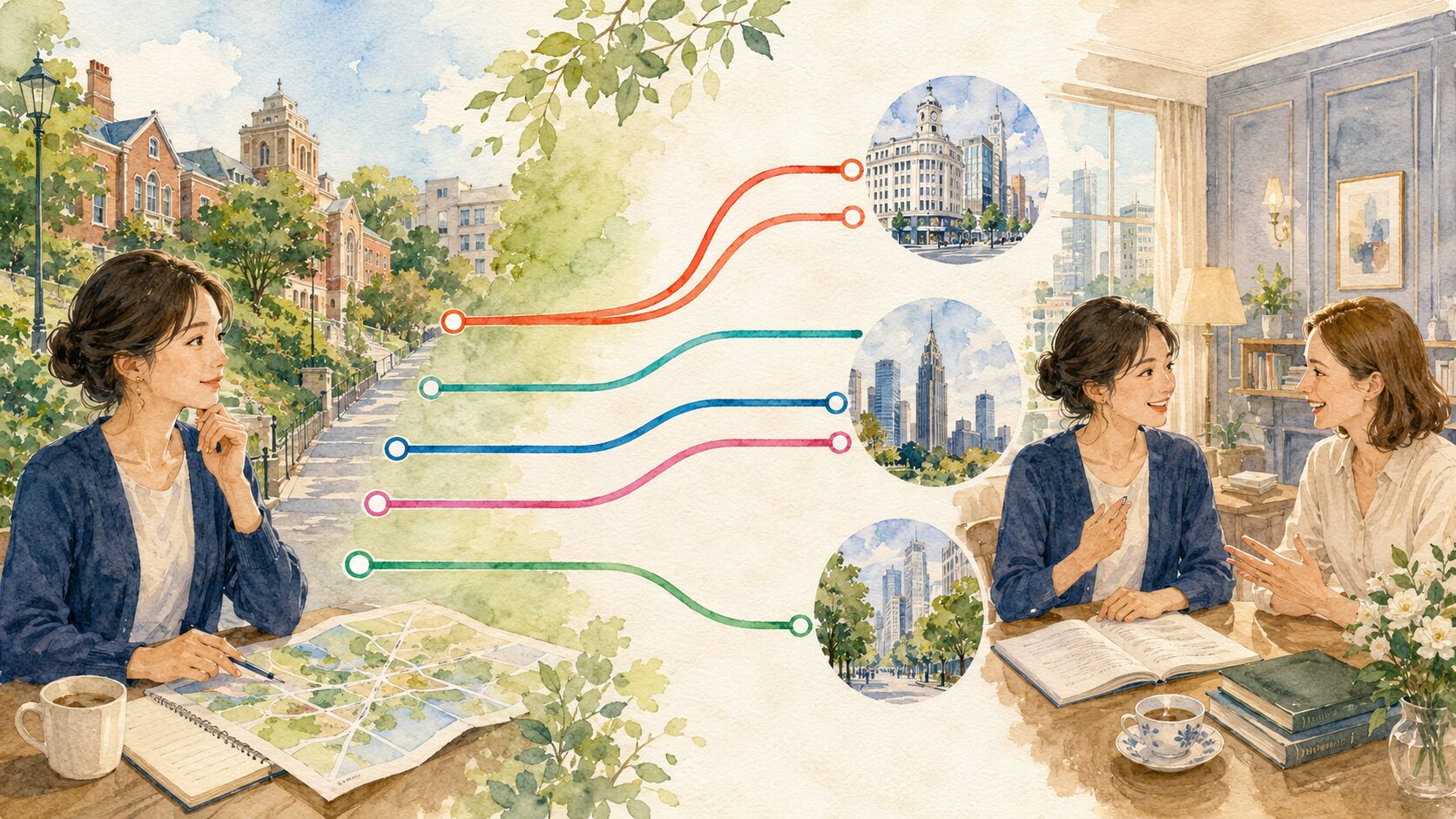 文京区の複数路線から銀座・新宿方面の英会話教室を選ぶイラスト