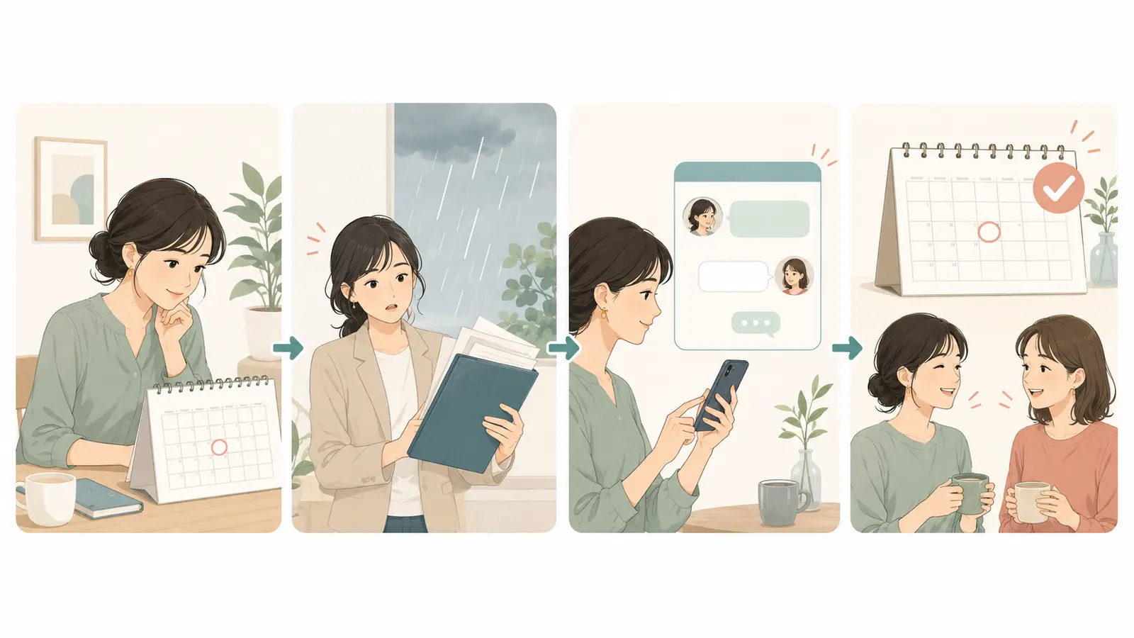 予定変更の話を元の予定・理由・連絡・新しい予定の順で整理するイラスト