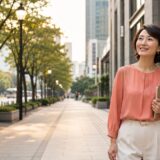 千代田区のオフィス街を歩く英会話学習中の大人女性