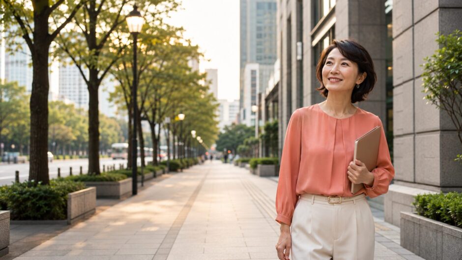 千代田区のオフィス街を歩く英会話学習中の大人女性