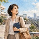 調布で英会話教室を探す大人女性と京王線・新宿通勤のイメージ