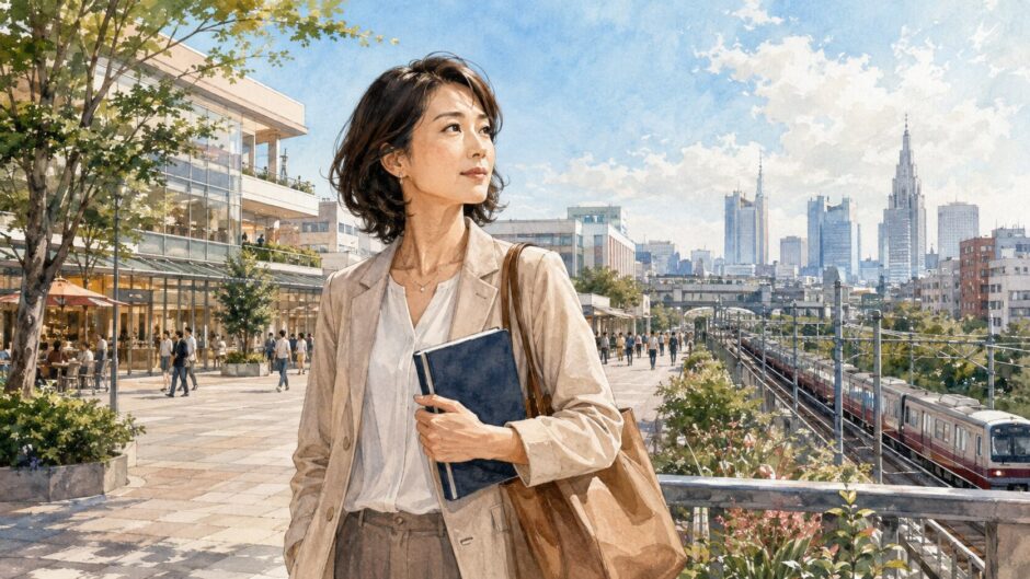 調布で英会話教室を探す大人女性と京王線・新宿通勤のイメージ