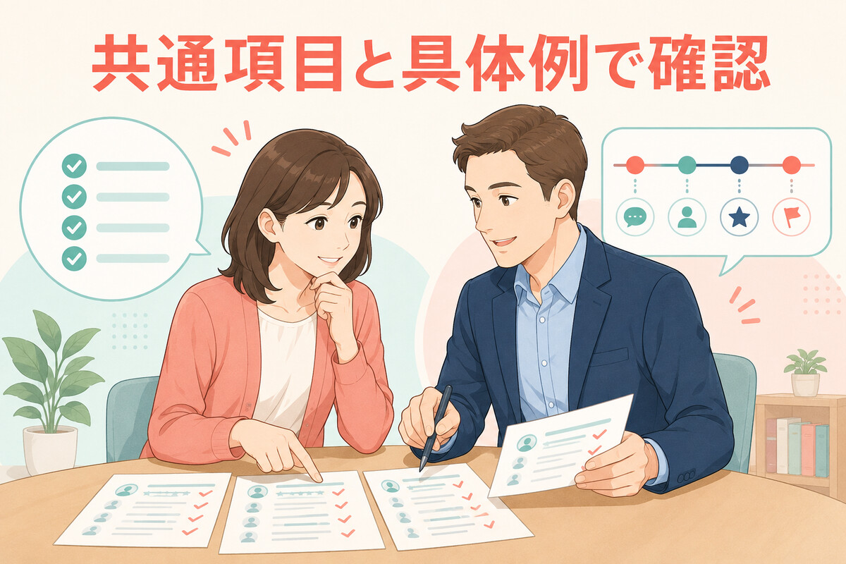 複数講師の評価を共通項目と具体例で確認する英会話受講者