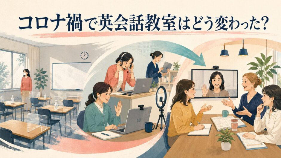 コロナ禍で英会話教室が対面からオンライン・ハイブリッドへ変化した様子