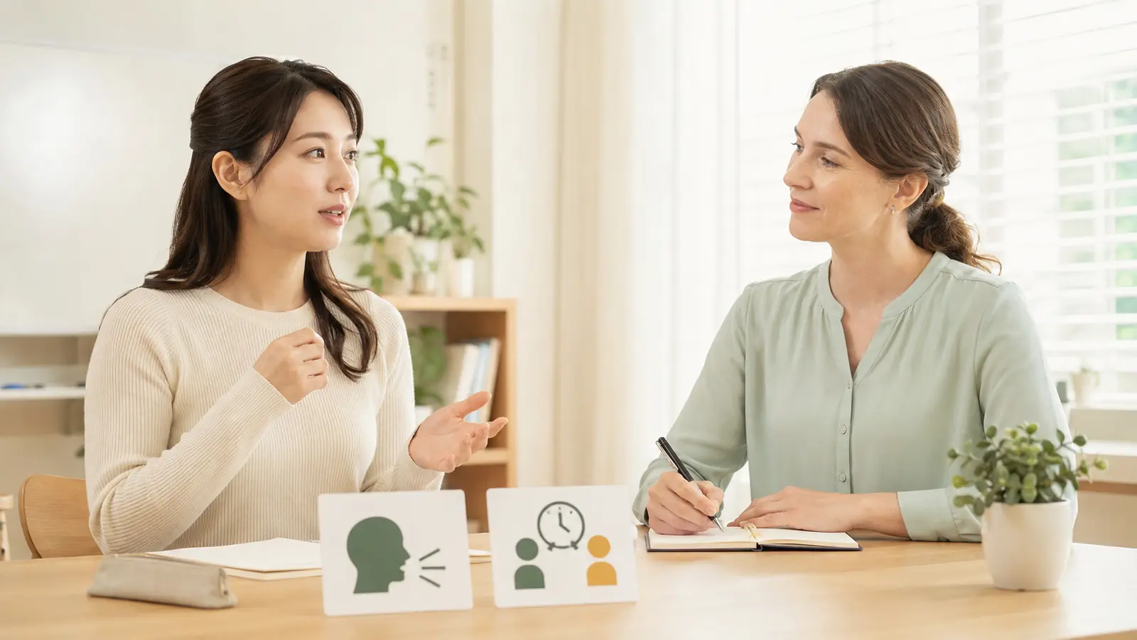 大人の生徒が話し終えるまで英会話講師が待ち訂正をメモする様子