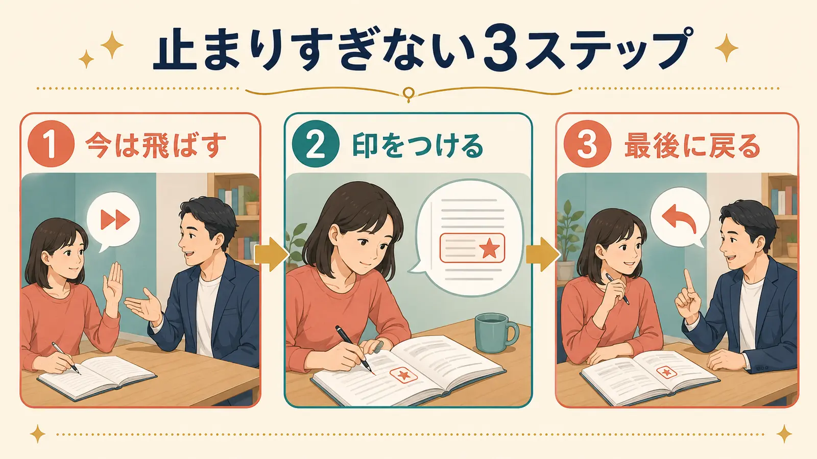 難しい問題を今は飛ばし印をつけて最後に戻る3ステップ