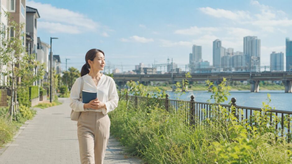江戸川区の川沿いを歩き英会話教室を検討する大人女性