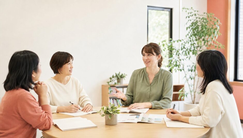 少人数の英会話グループレッスンで講師と大人の受講者が会話する様子