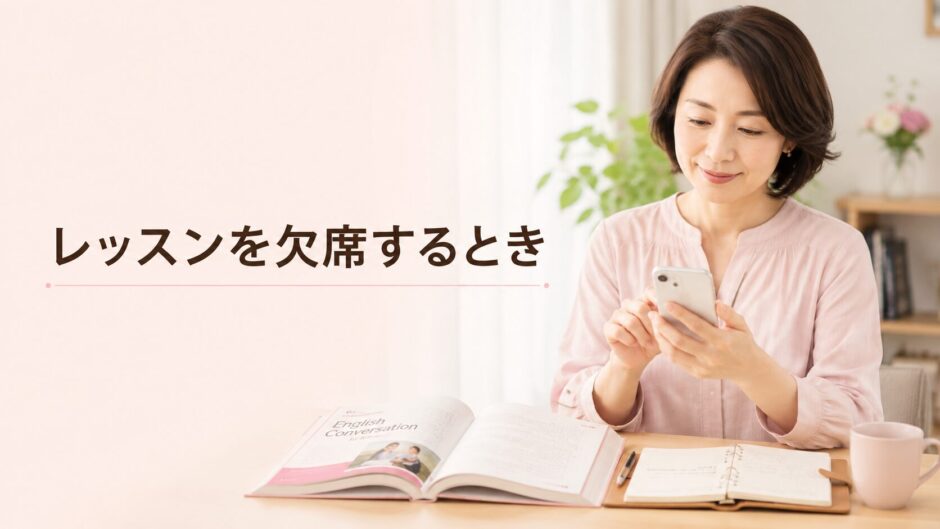 英会話レッスンを欠席するため教室へスマートフォンで連絡する大人女性