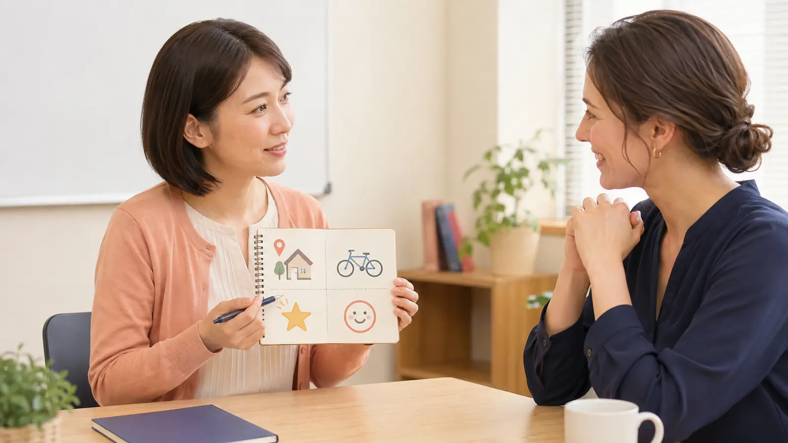 場所・好きだったこと・出来事・今の気持ちをメモして講師と話す大人女性