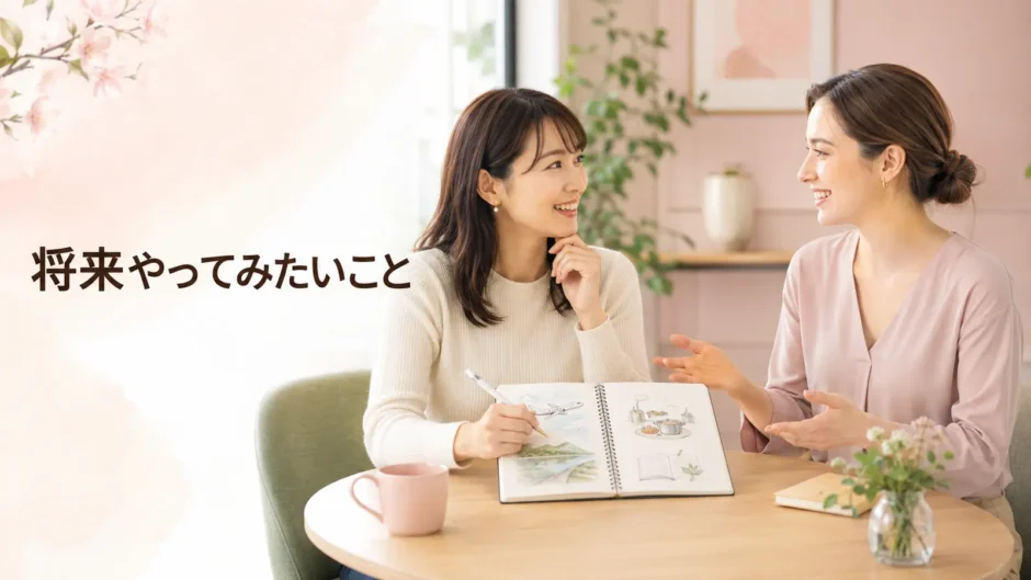 英会話レッスンで将来やってみたいことを話す大人女性と講師