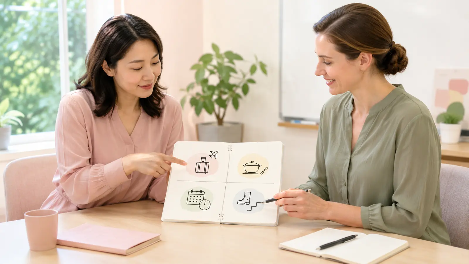 将来やってみたいことをレッスン前に整理する大人女性と講師