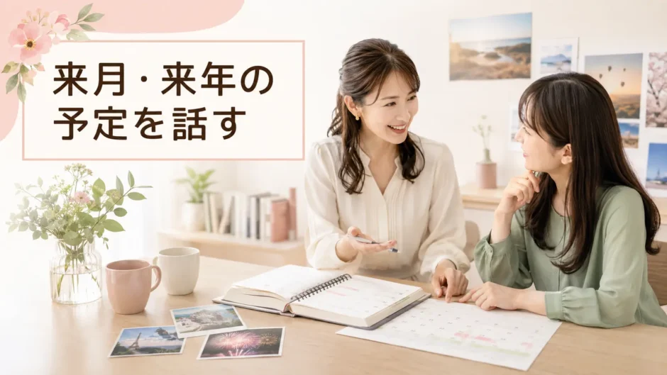 英会話レッスンで来月と来年の予定を話す大人女性と講師