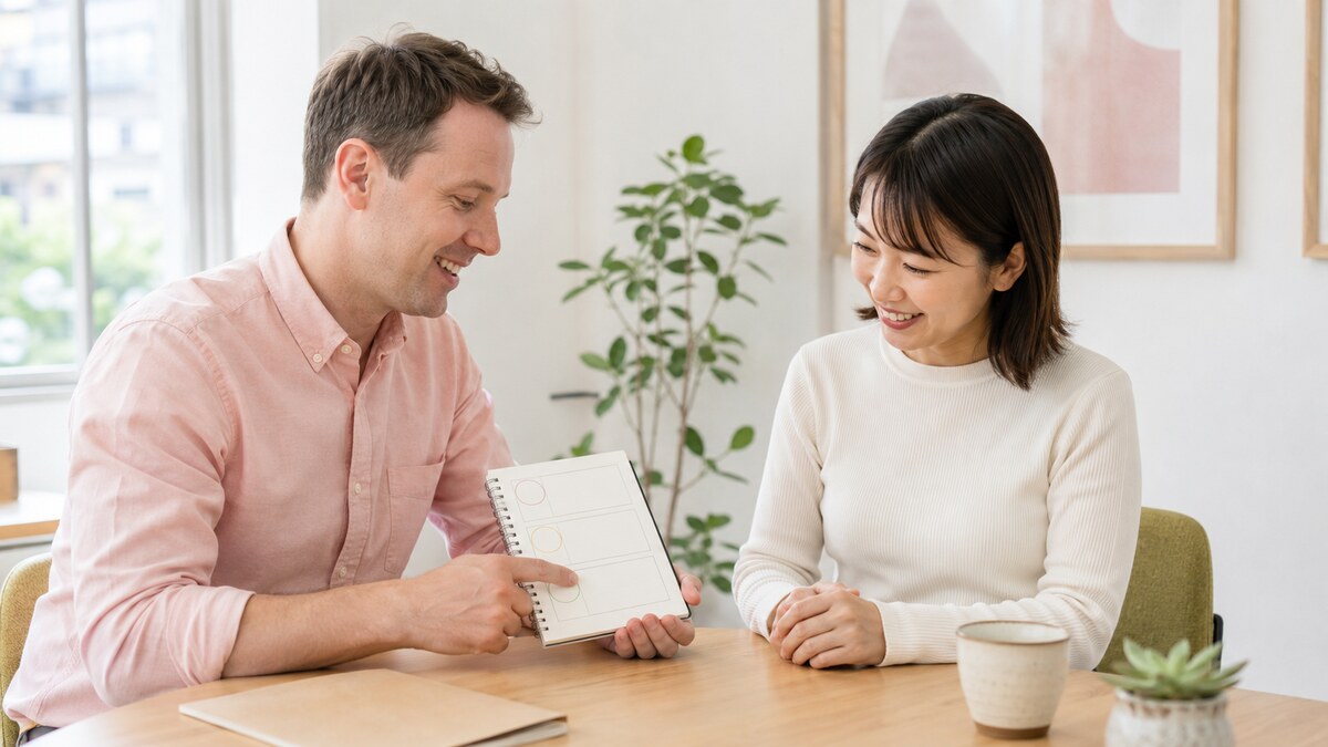 英会話講師と良かった点・改善点・次回までの練習を振り返る大人の女性