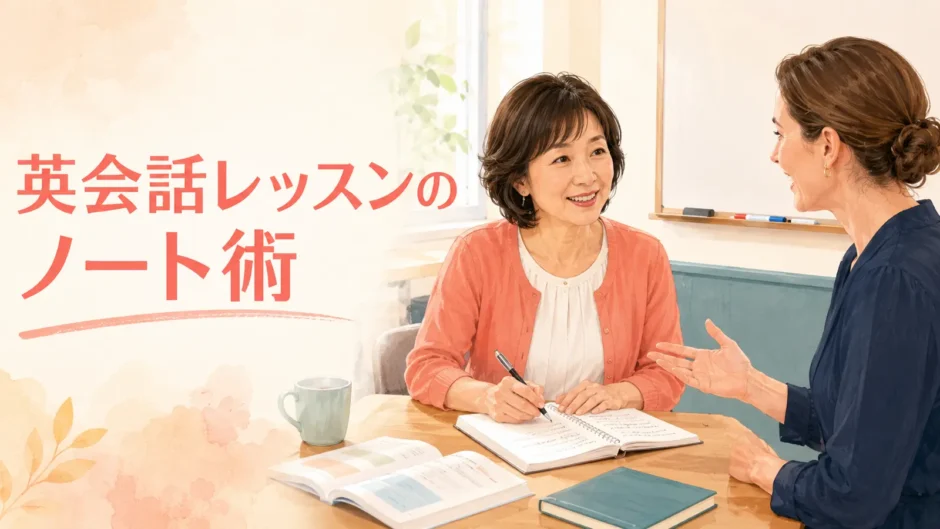 英会話レッスンでノートを取りながら講師と話す大人女性
