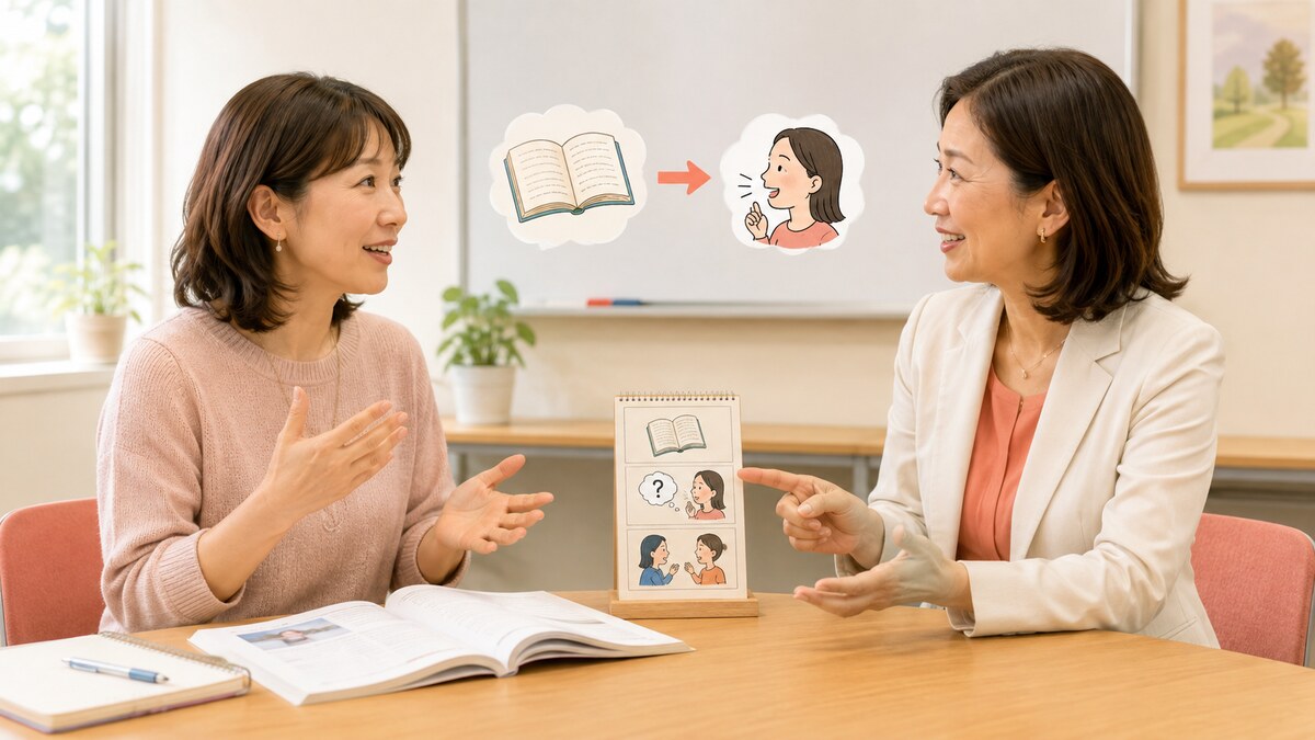 英会話レッスンで音読から要約・質問・会話練習へ広げる生徒と講師
