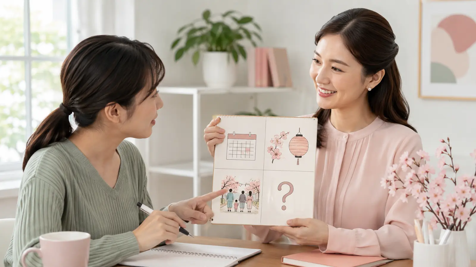 英会話レッスン前に季節の行事を整理する大人女性と講師