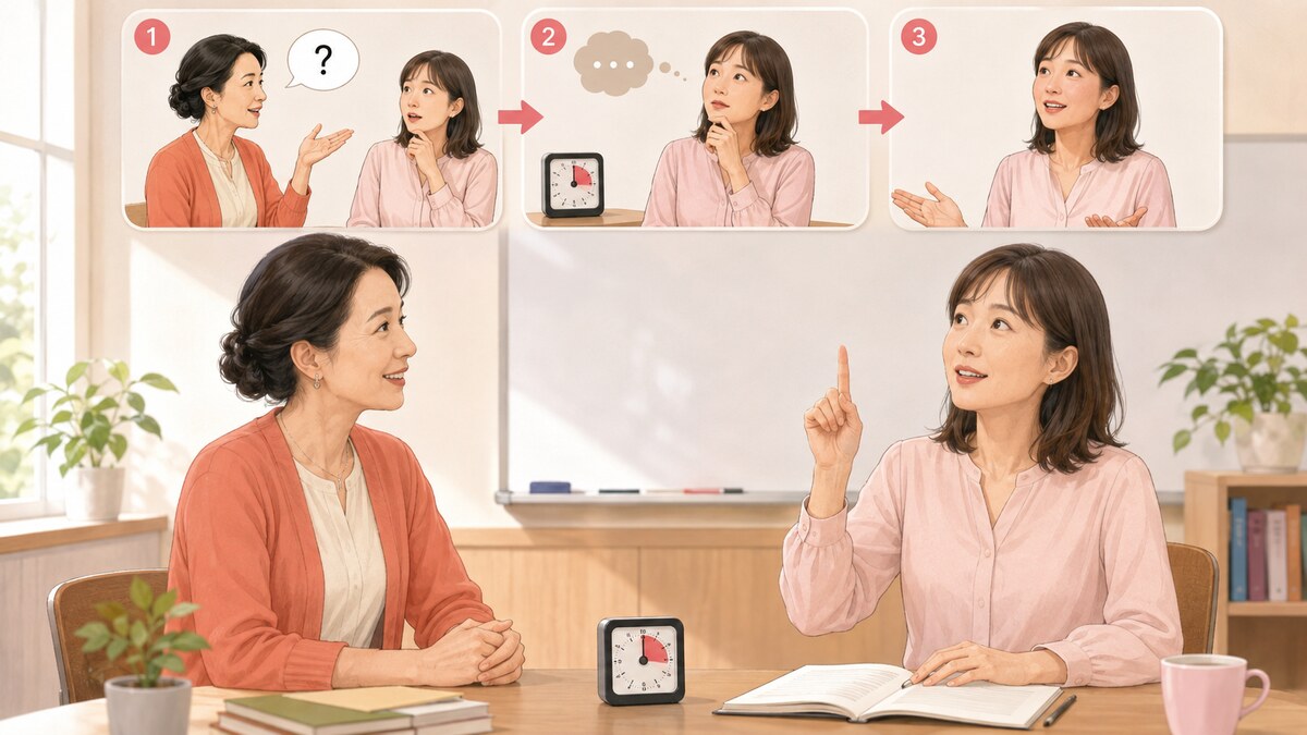 英会話レッスンで講師に待ってもらい自分で答えを考える生徒