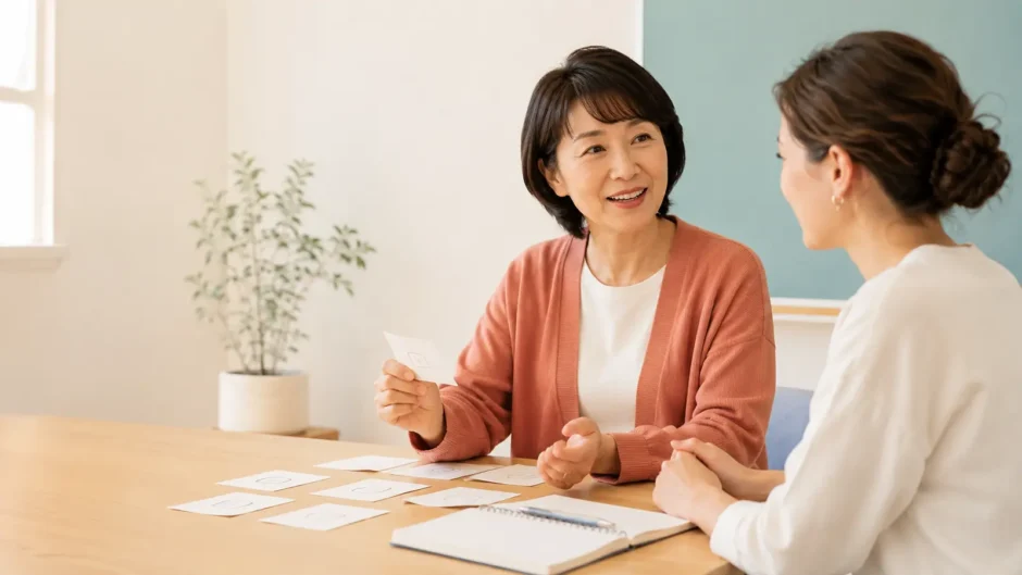 英会話教室で基本動詞カードを使って話す大人女性初心者