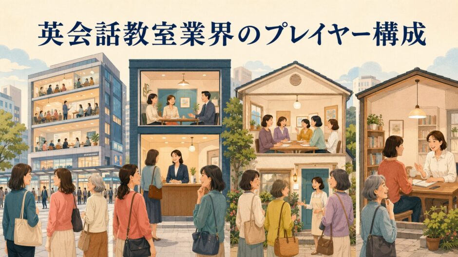 大手から個人教室まで英会話教室業界のプレイヤー構成を描いたイラスト
