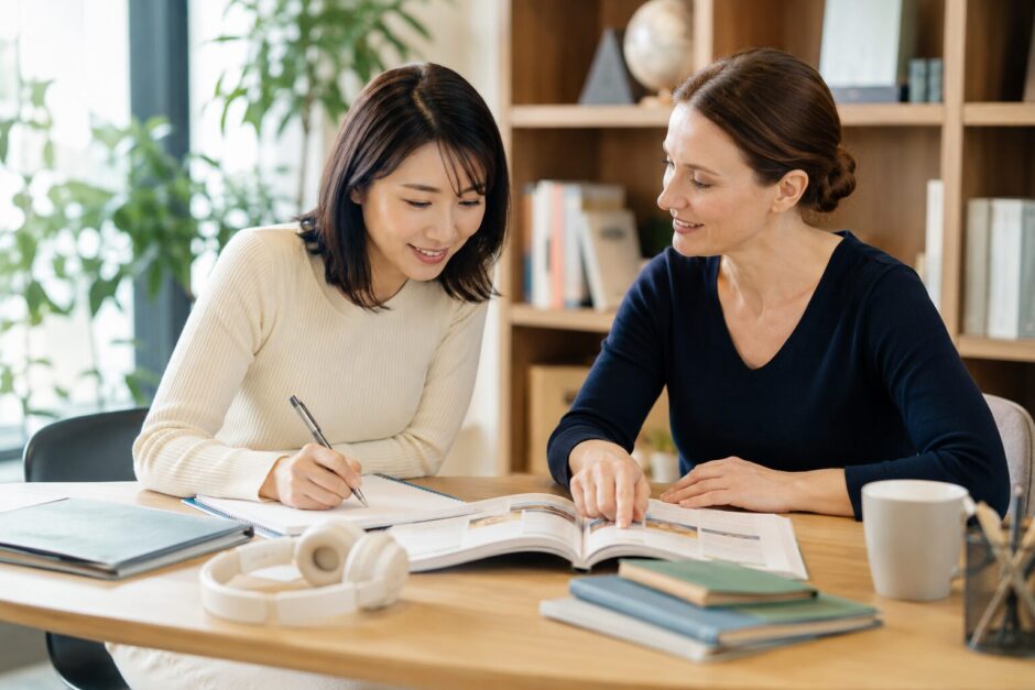 英語学校で英会話と資格学習に取り組む大人初心者女性