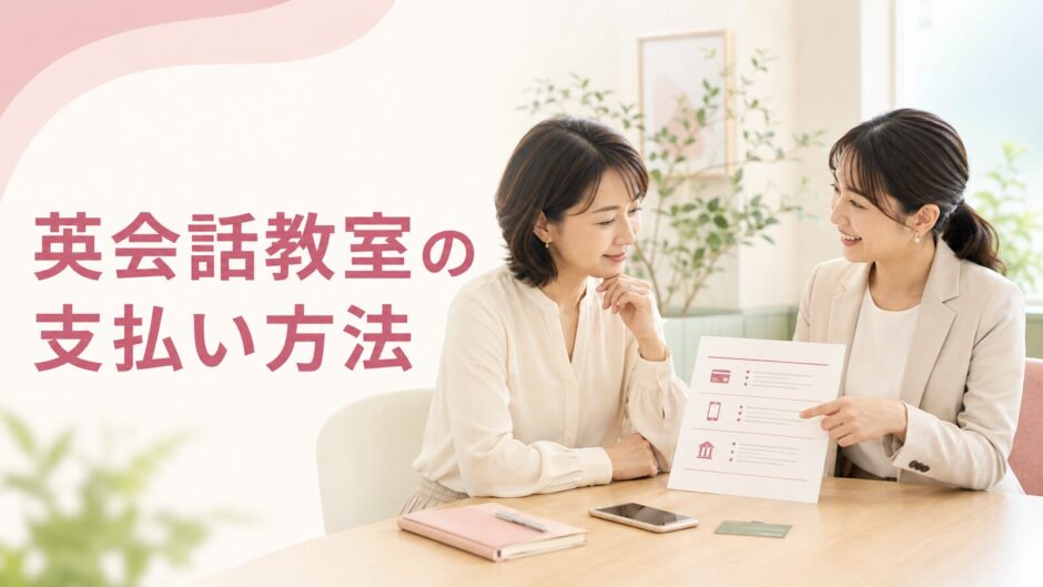 英会話教室の支払い方法をスタッフに確認する大人初心者の女性