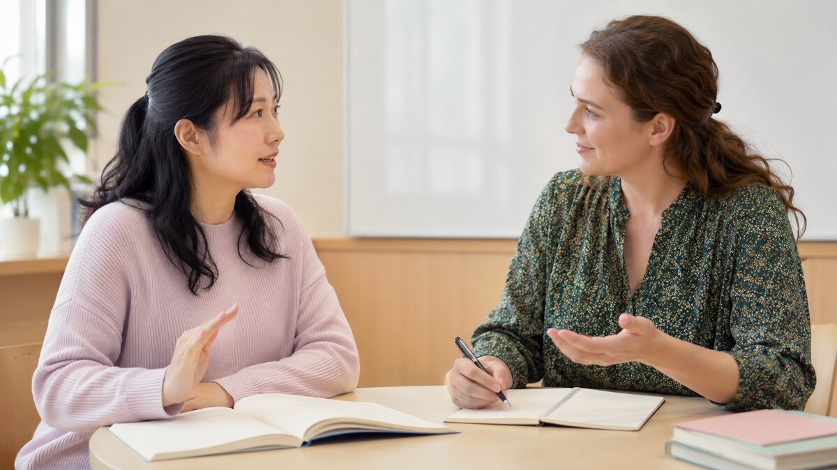 英会話講師へ短い視線や反応を増やしてほしいと相談する大人の女性