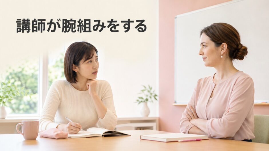 英会話講師が腕組みをしていて緊張する大人の女性