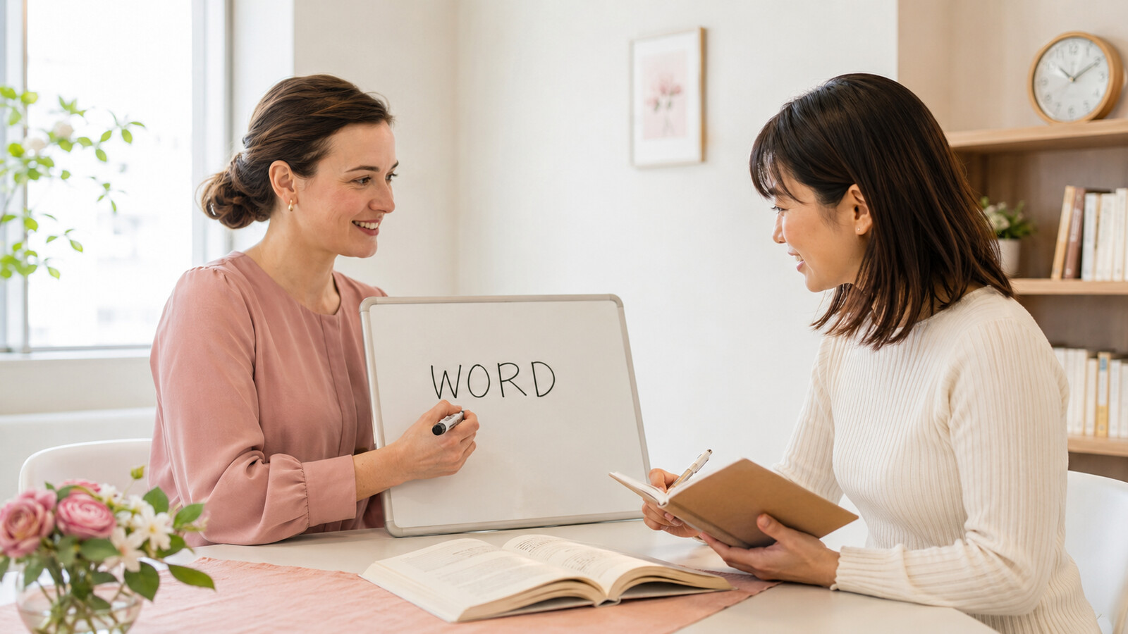 英会話講師が読みにくい英単語を活字体で書き直すレッスン場面