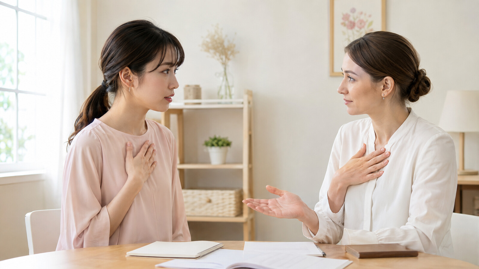 英会話レッスンで講師へ恥ずかしく感じたことを伝える女性