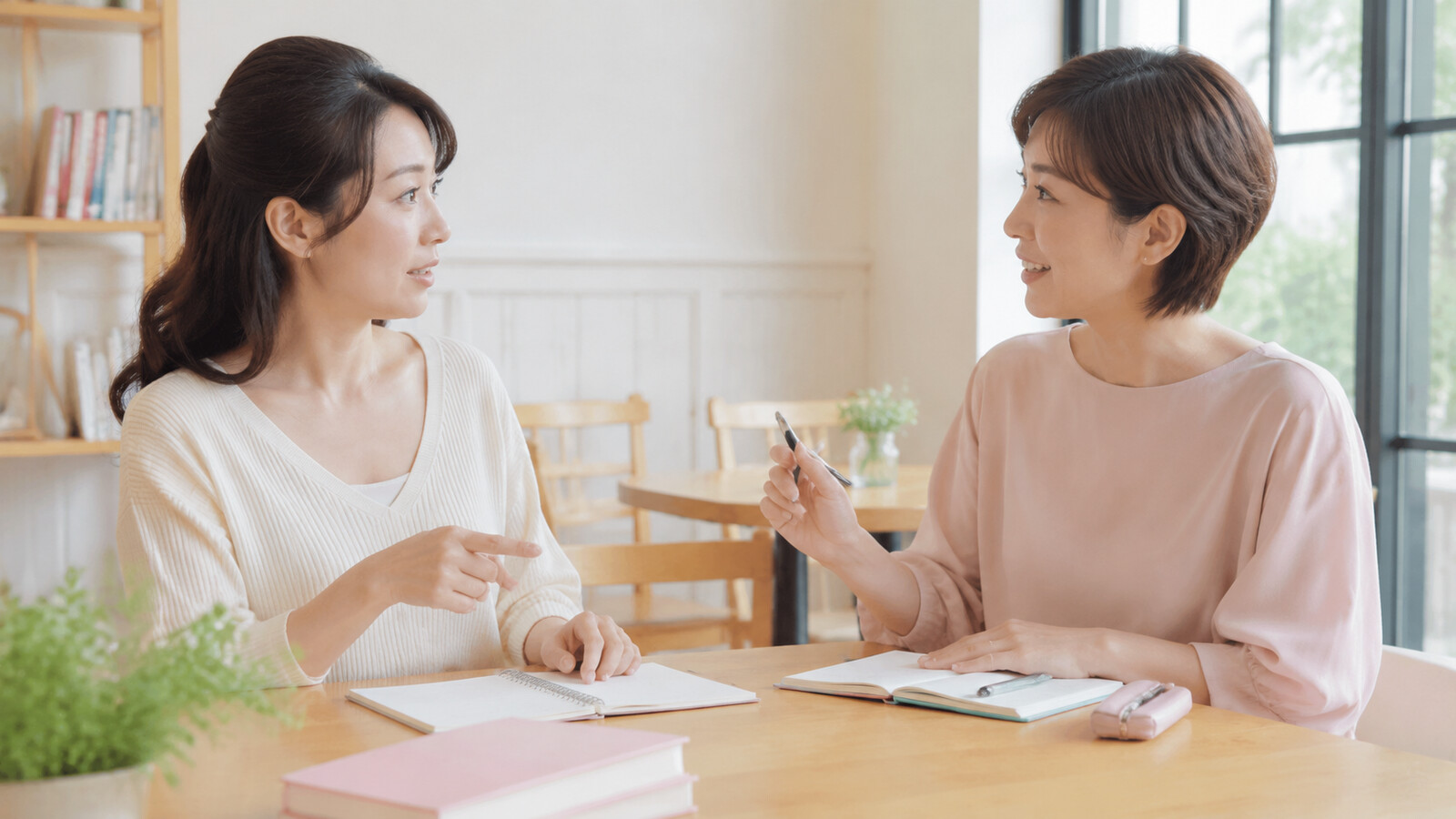 英会話レッスンで講師に内容が伝わったか確認する女性