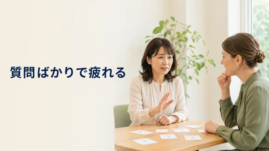 英会話講師から質問を次々されて疲れている大人初心者の女性