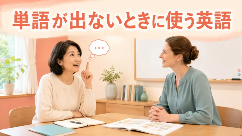 英会話レッスン中に単語を考える大人女性初心者と待つ外国人講師