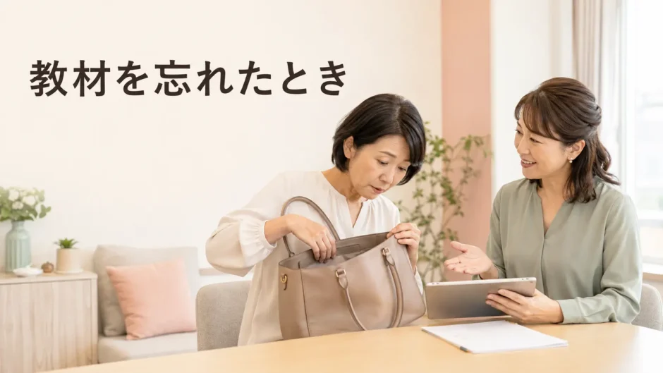 英会話教室で教材を忘れたことに気づき講師へ相談する大人女性