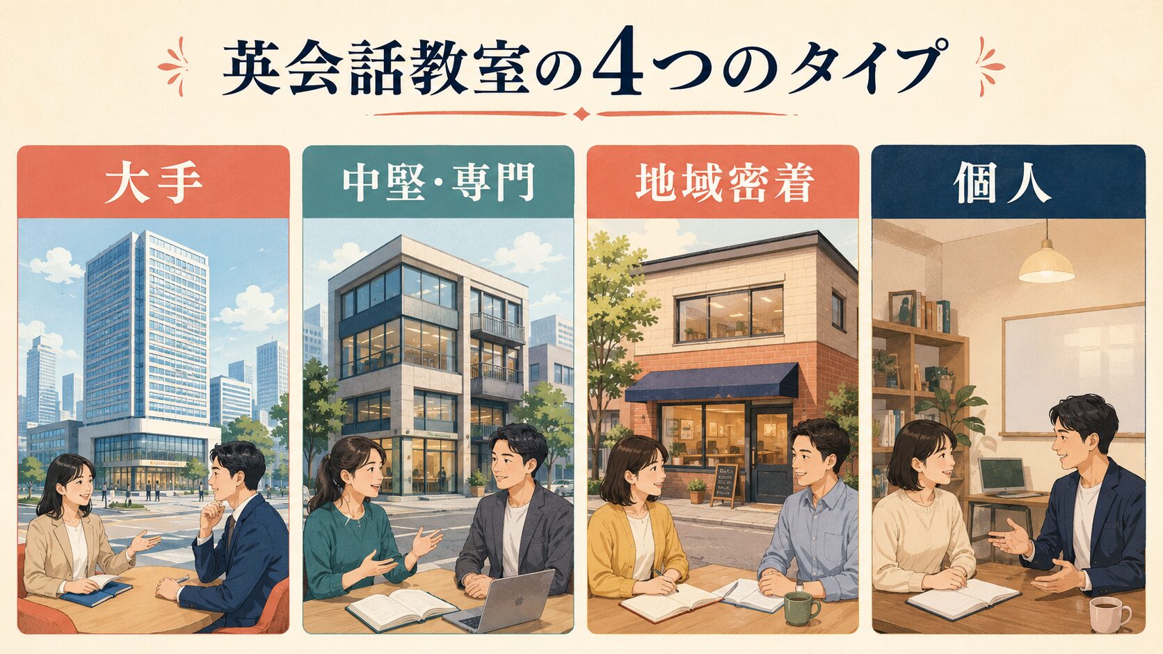 大手・中堅専門・地域密着・個人の英会話教室4タイプを比較した図